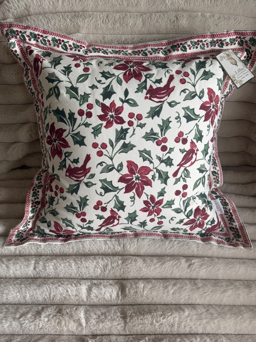 Lillian August Farmhouse Holiday Christmas Pillow Cardinal Holly Berry NEW!